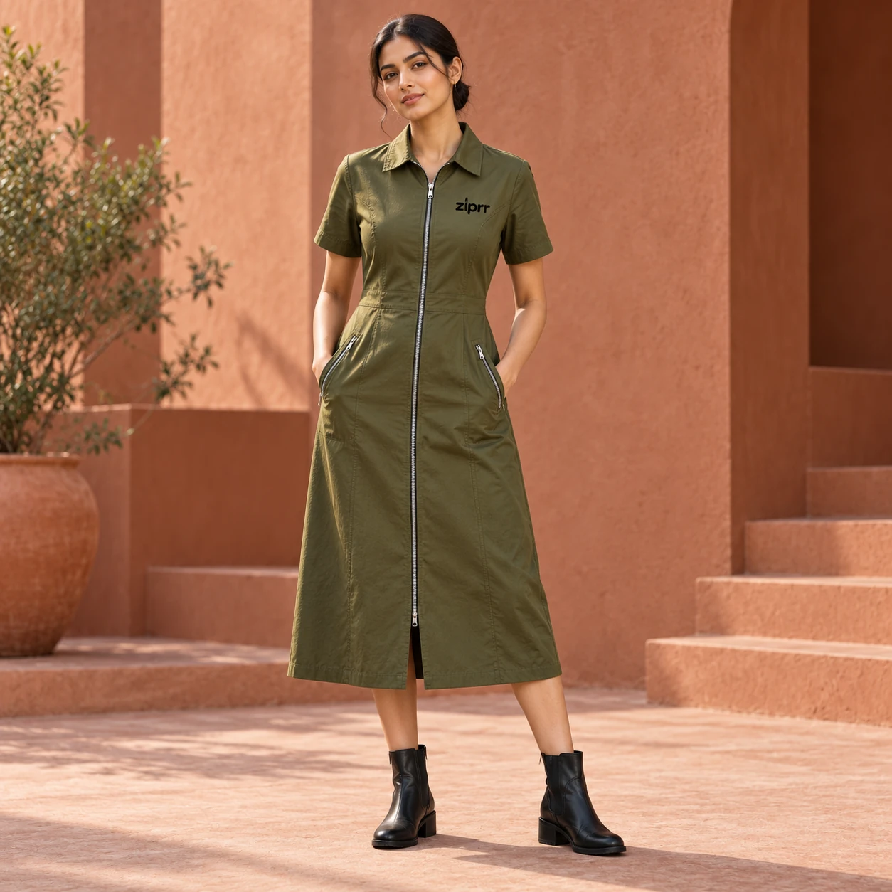Architectural Zip-Front Midi Dress